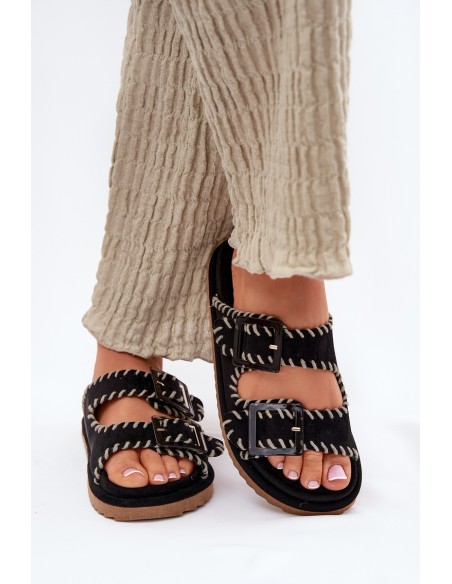 Women's Sandals With Buckles And Decorative Stitching Black Visley