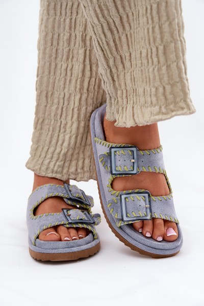 Ladies Slippers With Buckles And Decorative Edging Blue Visley