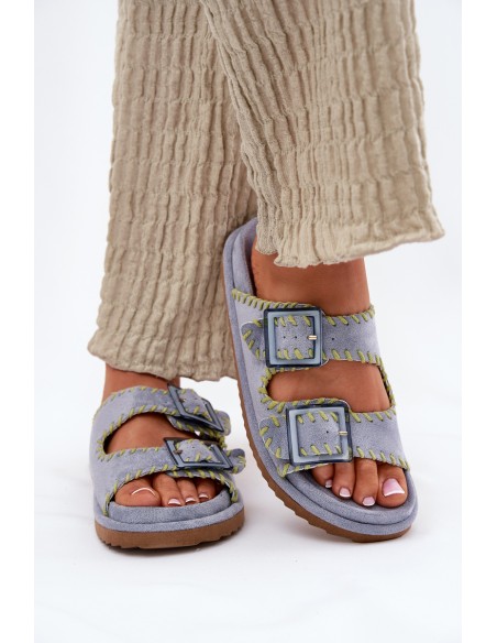 Ladies Slippers With Buckles And Decorative Edging Blue Visley