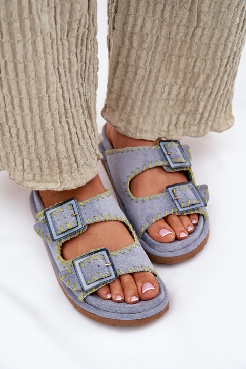 Ladies Slippers With Buckles And Decorative Edging Blue Visley