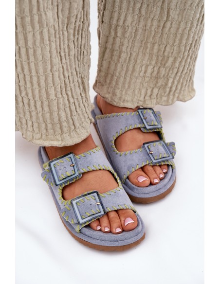 Ladies Slippers With Buckles And Decorative Edging Blue Visley