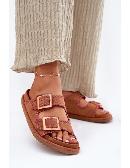 Women's Sandals With Buckles And Decorative Stitching Camel Visley