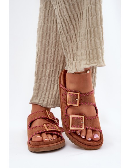 Women's Sandals With Buckles And Decorative Stitching Camel Visley