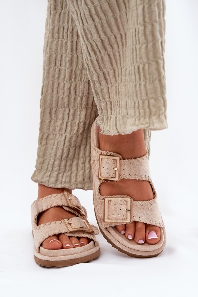 Women's Sandals With Buckles And Decorative Stitching Beige Visley
