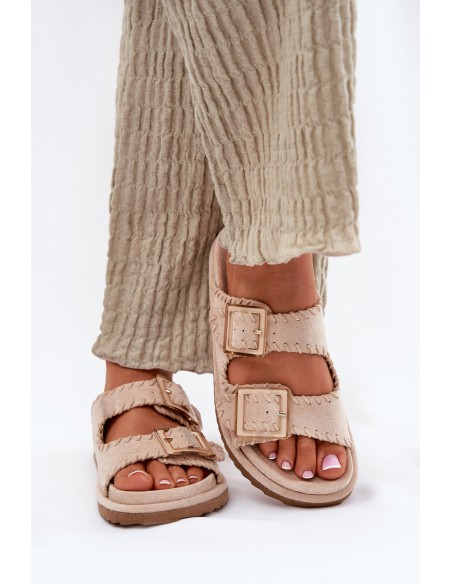 Women's Sandals With Buckles And Decorative Stitching Beige Visley