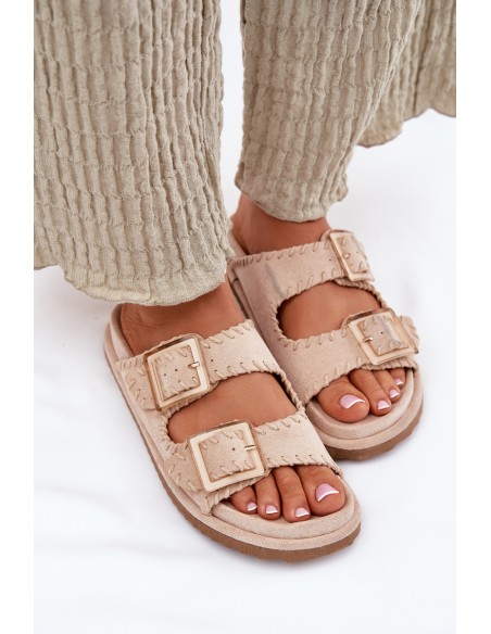 Women's Sandals With Buckles And Decorative Stitching Beige Visley