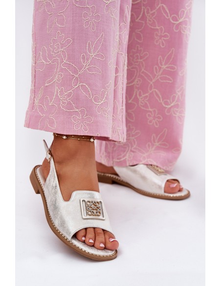 Elegant Women's Sandals On Flat Heel With Decoration S.Barski KV51-082 Silver