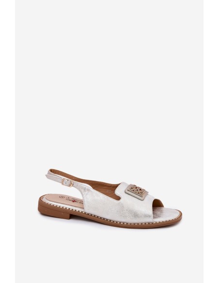 Elegant Women's Sandals On Flat Heel With Decoration S.Barski KV51-082 Silver