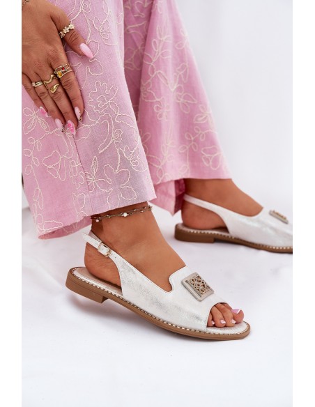 Elegant Women's Sandals On Flat Heel With Decoration S.Barski KV51-082 Silver