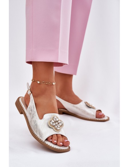 Ladies Sandals On Flat Heel With Decorative Detail S.Barski KV51-080 Silver