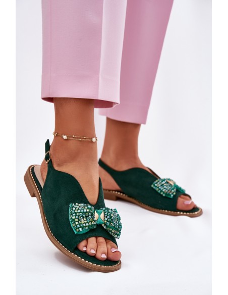 Womens Sandals With Bow On Flat Heel S.Barski KV51-014 Green