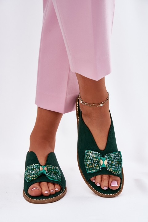 Womens Sandals With Bow On Flat Heel S.Barski KV51-014 Green