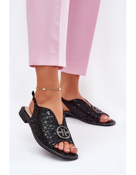 Leather Sandals On Flat Heel With Decoration S.Barski KV51-094 Black