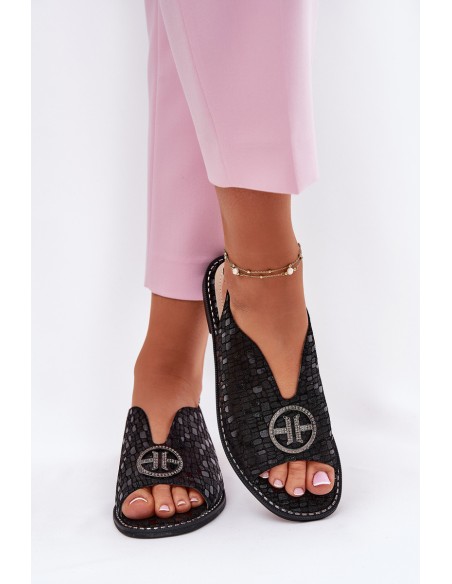 Leather Sandals On Flat Heel With Decoration S.Barski KV51-094 Black