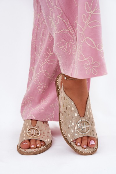 Odinės basutės su plokščiu kulnu ir dekoracijomis S.Barski KV51-094 auksinės