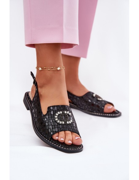 Leather Sandals With Decoration On Flat Heel S.Barski KV51-096 Black