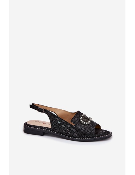 Leather Sandals With Decoration On Flat Heel S.Barski KV51-096 Black