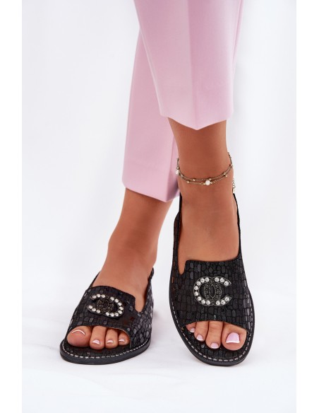 Leather Sandals With Decoration On Flat Heel S.Barski KV51-096 Black