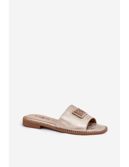 Moteriškos basutės plokščiu kulnu su dekoracijomis KV51-089 auksinės spalvos