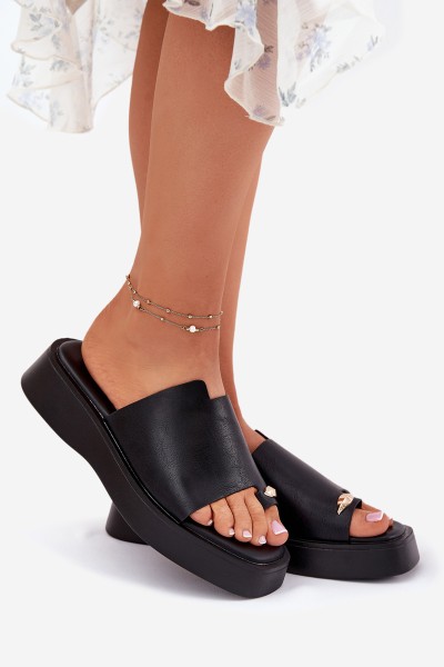 Ladies Platform Slippers With Decorative Detail Black Linosea