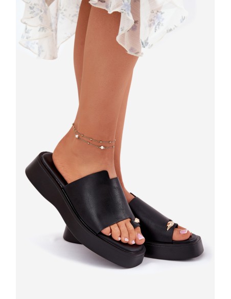 Ladies Platform Slippers With Decorative Detail Black Linosea