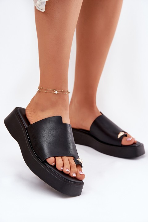 Ladies Platform Slippers With Decorative Detail Black Linosea