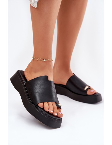 Ladies Platform Slippers With Decorative Detail Black Linosea