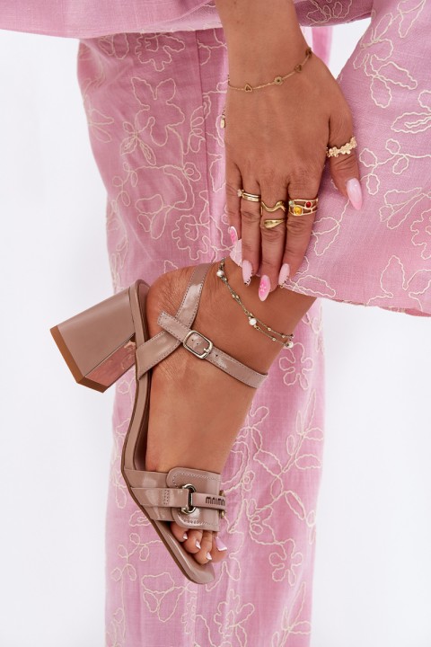 Leather patent women's sandals on heel beige Mevonelle