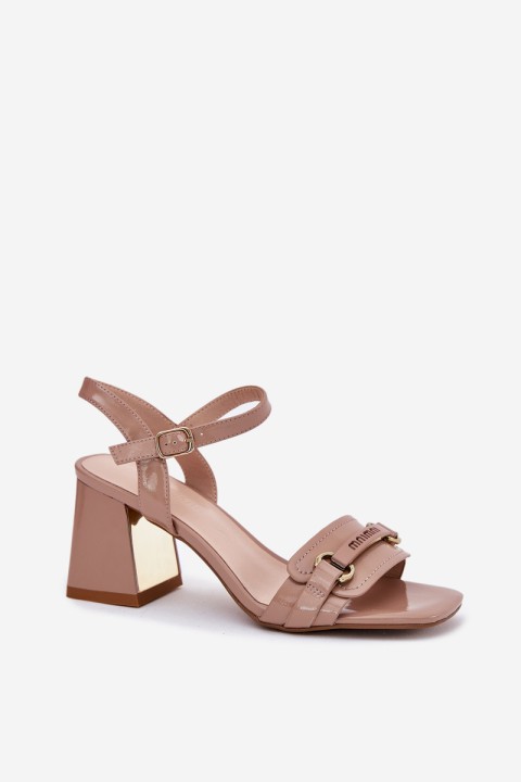 Leather patent women's sandals on heel beige Mevonelle