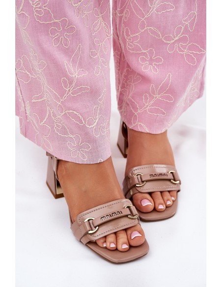 Leather patent women's sandals on heel beige Mevonelle