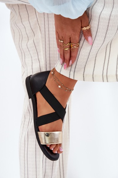 Women's Flat Sandals With Elastic Straps Black-Gold Marinea
