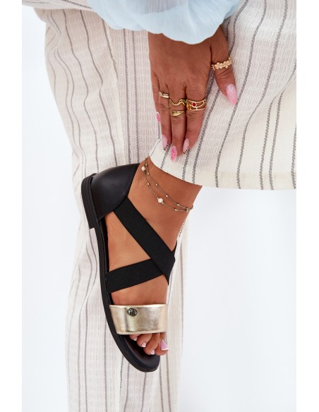 Women's Flat Sandals With Elastic Straps Black-Gold Marinea