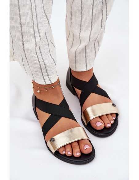 Women's Flat Sandals With Elastic Straps Black-Gold Marinea