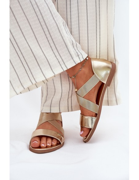 Womens flat sandals with elastic straps gold Marinea