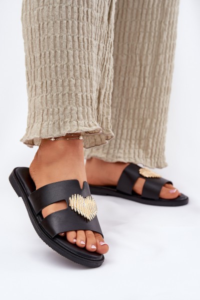 Women's Flat Sandals With Gold Decoration Black Karinma