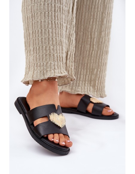 Women's Flat Sandals With Gold Decoration Black Karinma