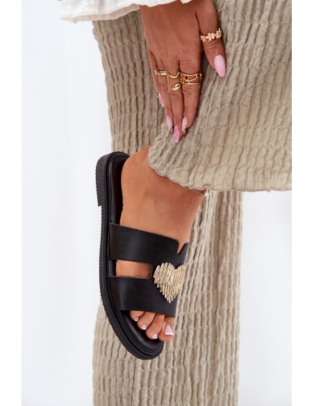 Women's Flat Sandals With Gold Decoration Black Karinma