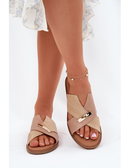 Womens Flat Sandals With Decorative Detail Vinceza 17385 Beige