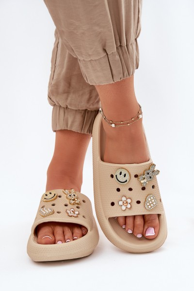 Women's Foam Slippers With Embellishments Beige Vinceza 76055