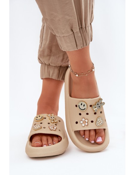 Women's Foam Slippers With Embellishments Beige Vinceza 76055
