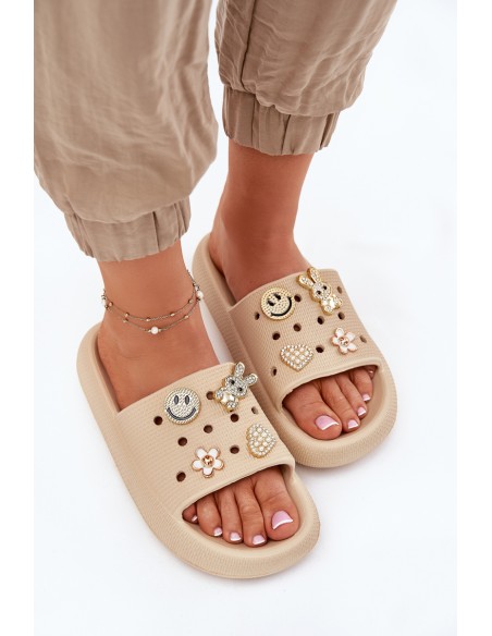 Women's Foam Slippers With Embellishments Beige Vinceza 76055
