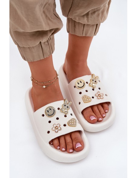Women's Foam Slippers With Decorations 76055 White Vinceza