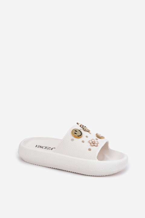 Women's Foam Slippers With Decorations 76055 White Vinceza