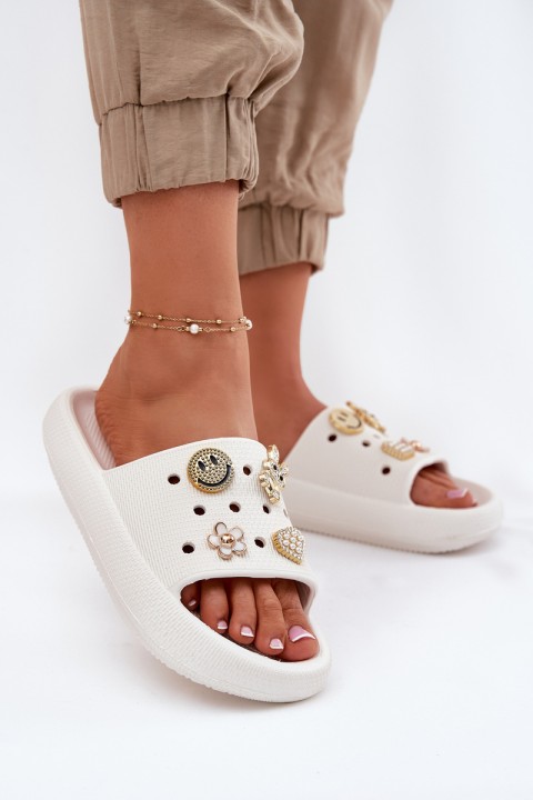 Women's Foam Slippers With Decorations 76055 White Vinceza