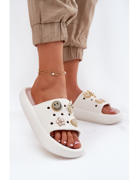 Women's Foam Slippers With Decorations 76055 White Vinceza