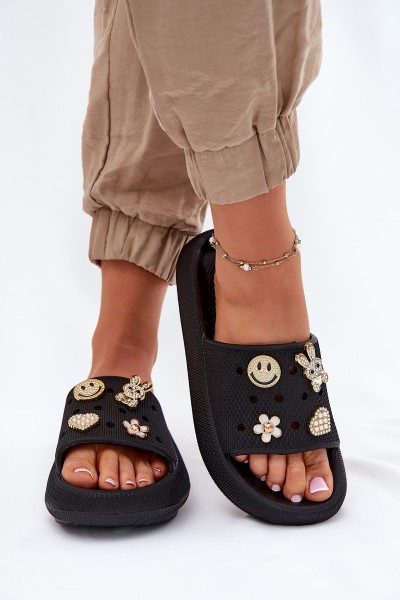 Ladies Foam Slippers With Pins Black Vinceza 76055