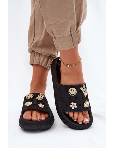 Ladies Foam Slippers With Pins Black Vinceza 76055