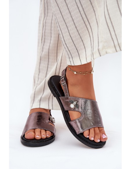 Flat Ladies Sandals With Decorative Detail Silver Vinceza 17378