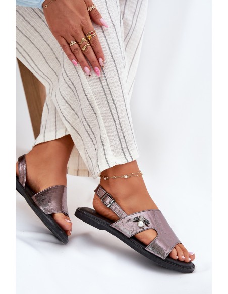 Flat Ladies Sandals With Decorative Detail Silver Vinceza 17378