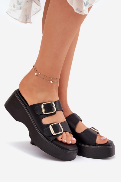 Womens Wedge And Platform Slippers With Buckles Black Nitarelia